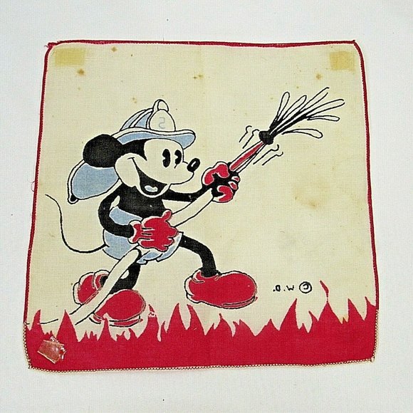 Vintage Mickey Mouse Red Firefighter Handkerchief Original Walt Disney 8" X 8" - Picture 2 of 5